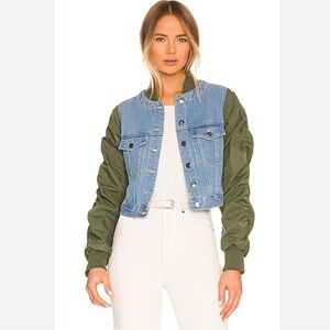 Veronica Beard Emelia Combo Jacket Denim Crop Bomber Olive Green Sleeves Large